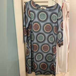 Aryeh Green Blue and Brown Sheath Dress 3/4 Sleeve Crew Neck